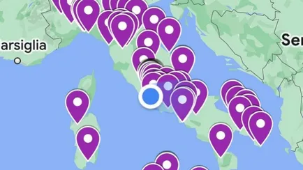 Punti viola sulla cartina geografica dell'Italia